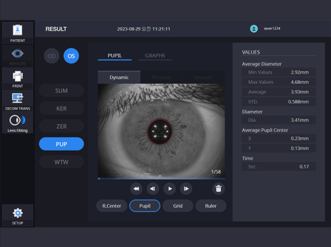 Screenshot showing Pupillometry mode on the HTG-1