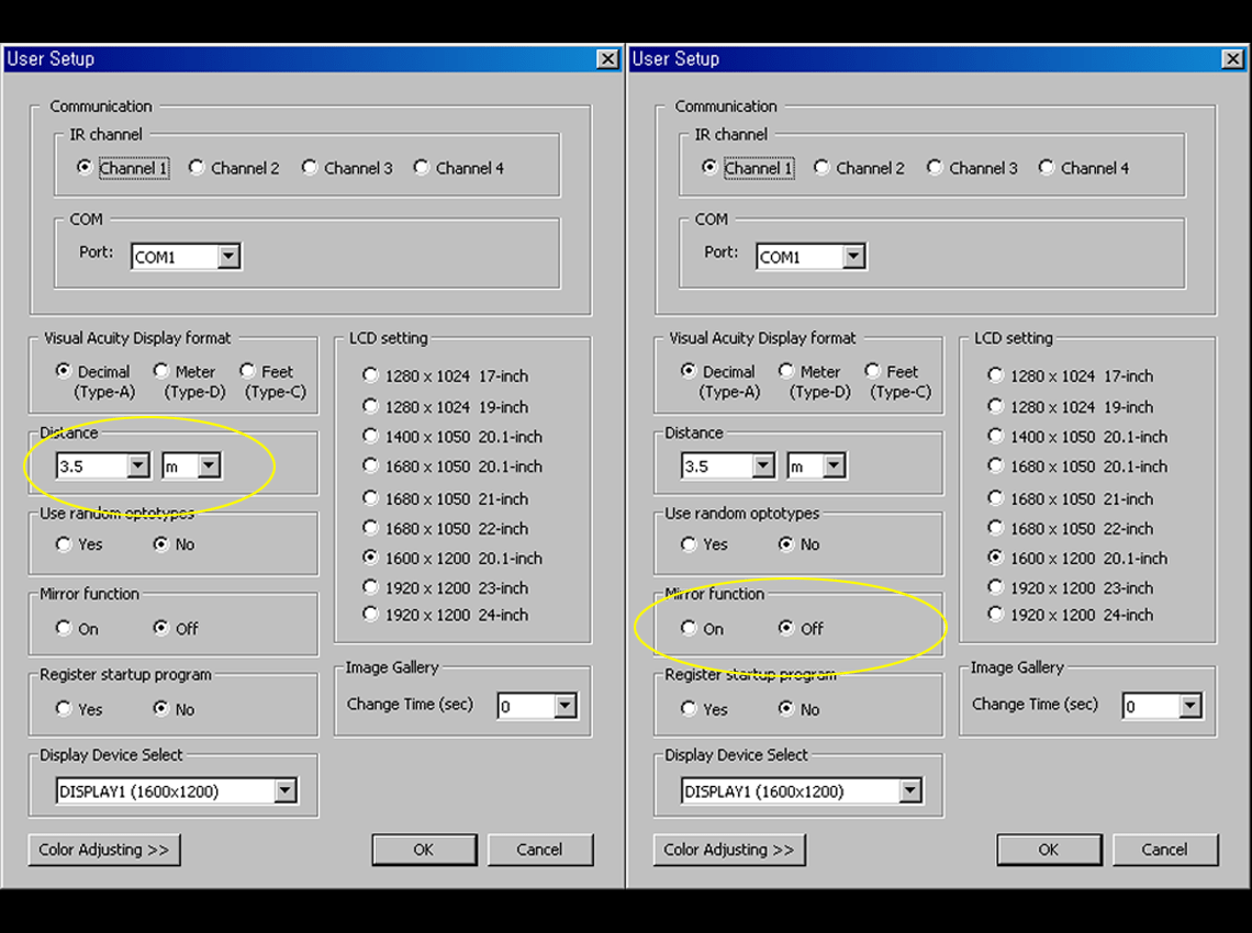 Screenshots of user setup interface highlighted in distance and mirror function